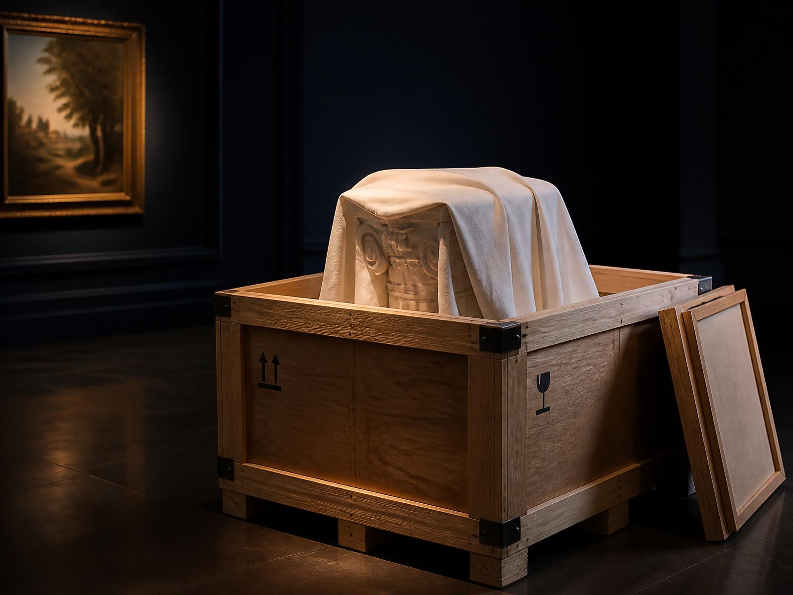Museum-grade wooden crate containing a covered classical sculpture